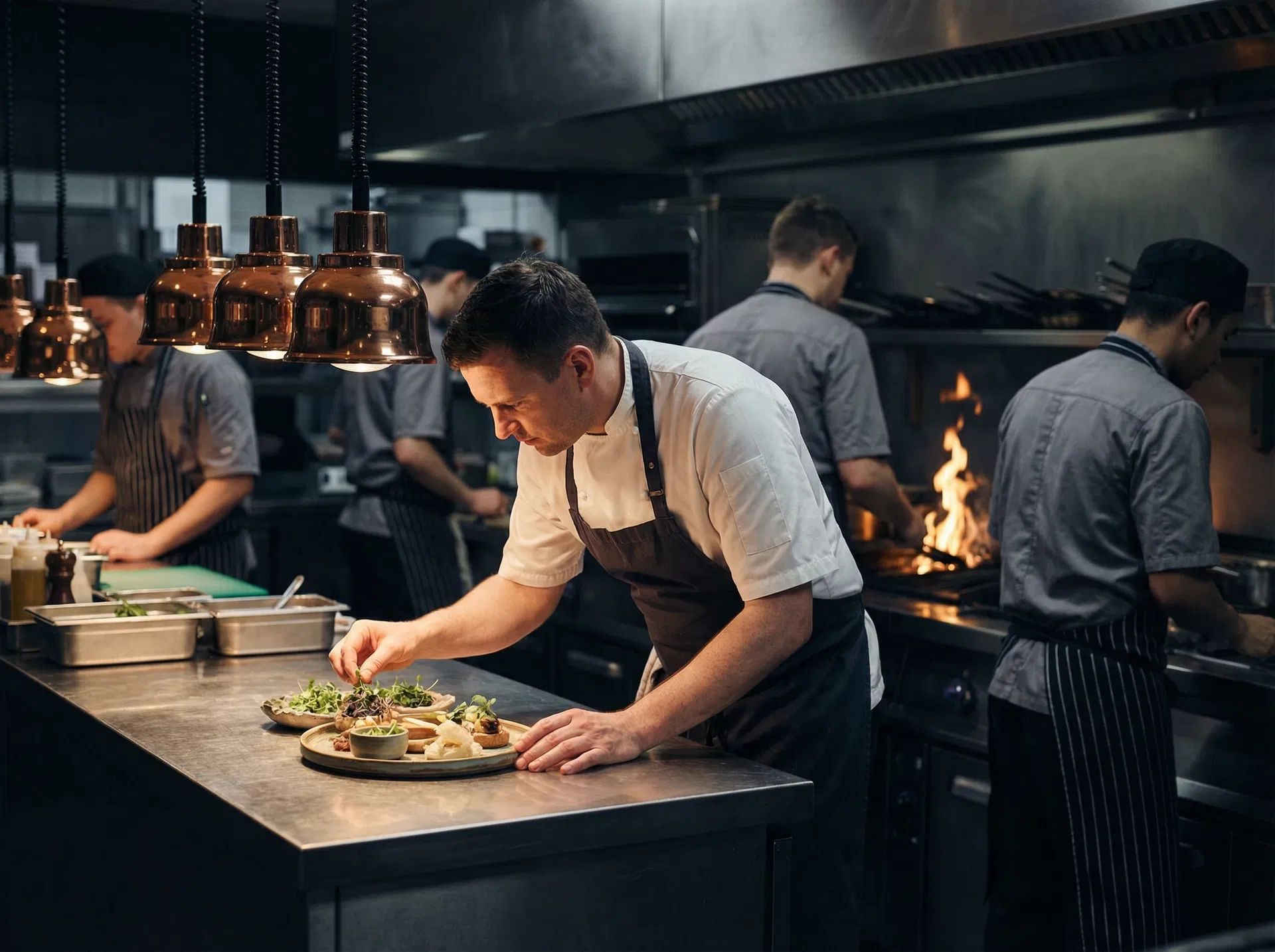 Head chef plating a dish in a professional restaurant kitchen
