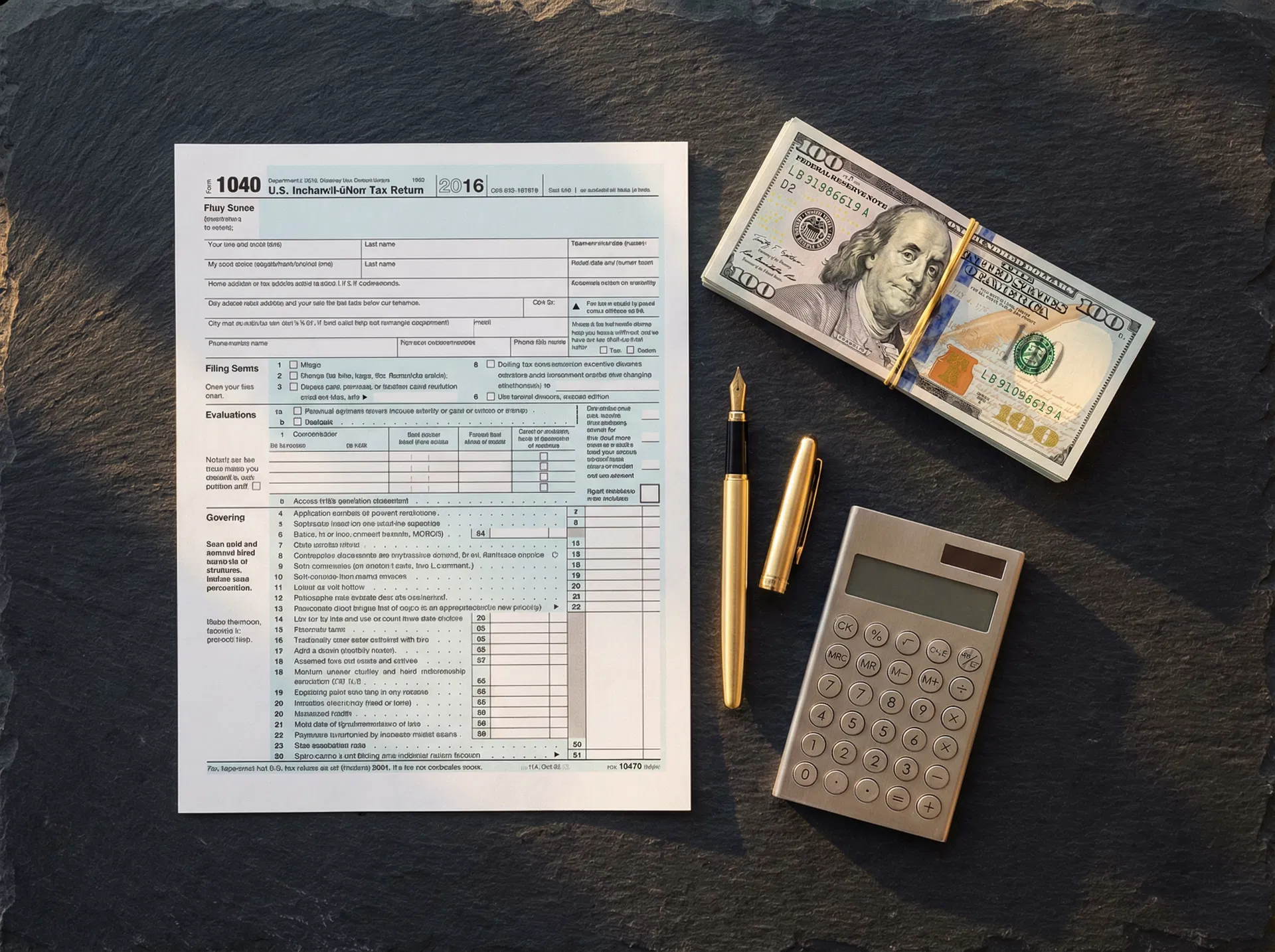 Tax return document with cash and calculator on dark slate