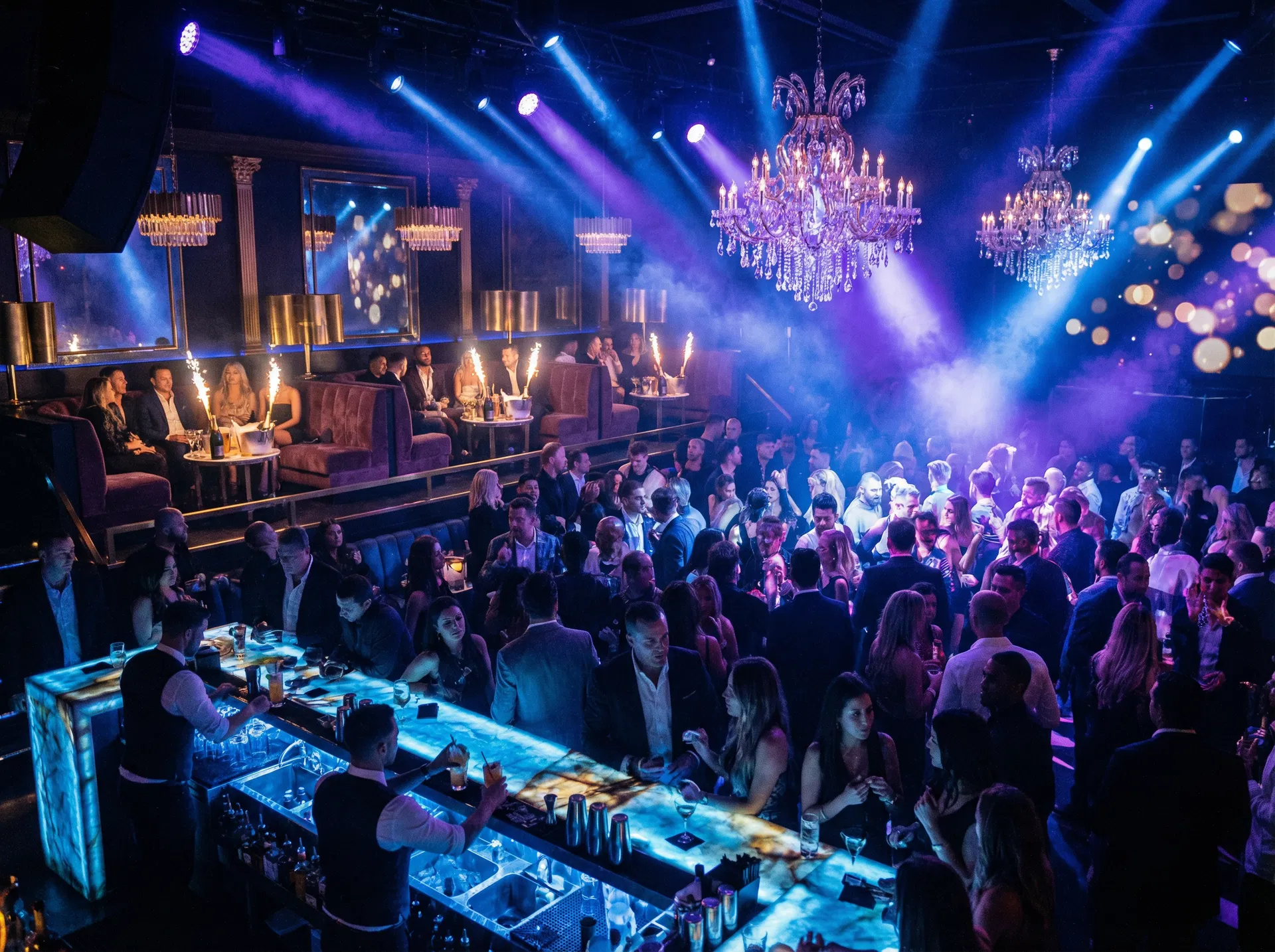 Luxury nightclub interior with VIP booths, chandeliers and crowd